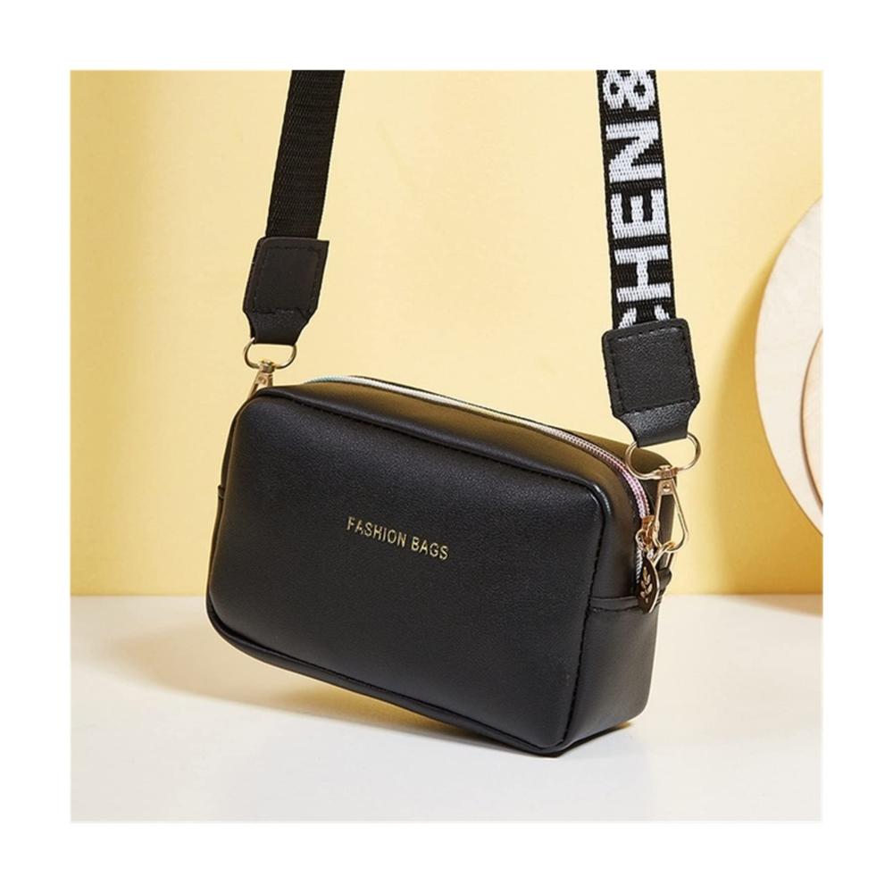 Schwarze Damen-Messenger-Bag mit breitem Pu-Riemen - Kompakte Umhängetasche für Telefon und Geldbörse