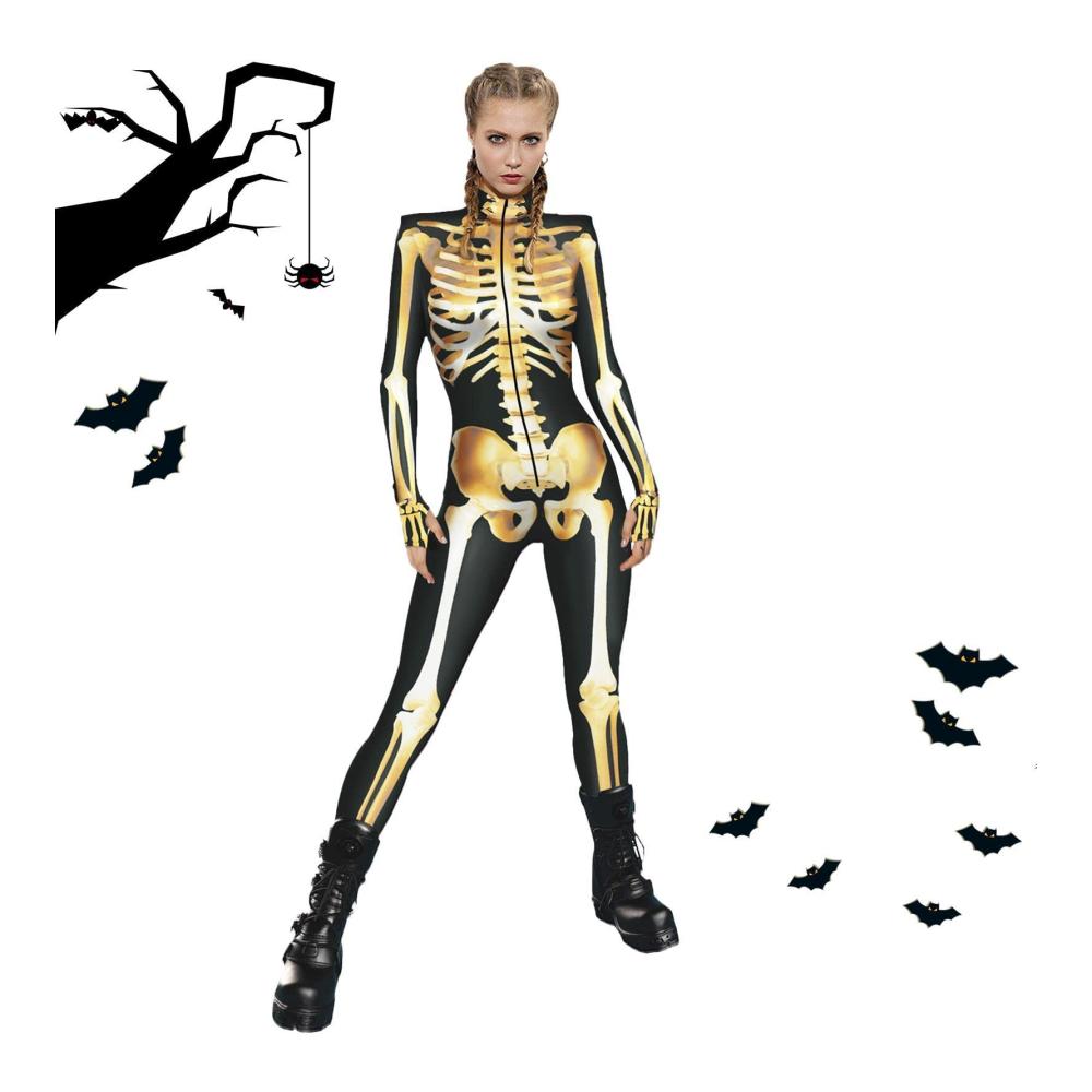 Damen Skelett Catsuit - Halloween Jumpsuit mit Langen Ärmeln und Stretch | Gruseliger Damen Skull Bone Bodysuit - Perfekt für Themenpartys