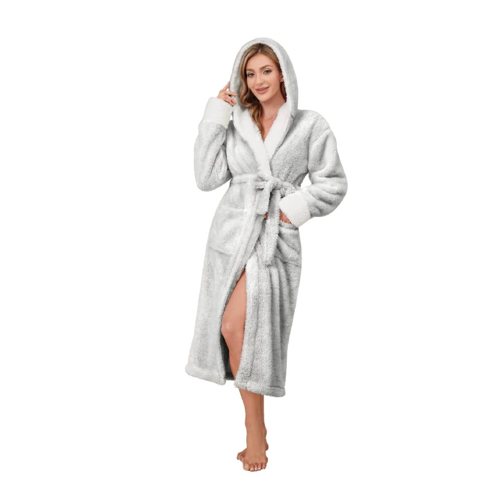 Bademäntel Damen & Herren - Kuscheliger Fleece Morgenmantel mit Kapuze Saunamantel für Reisen - Aufgesetzte Taschen und Gürtel inklusive