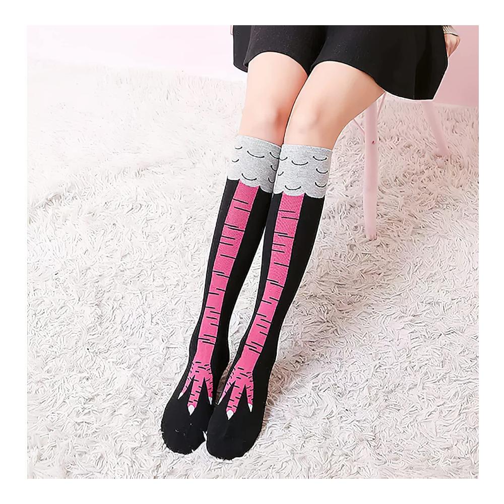DAWRIS Damen Kniestrümpfe Lustige Hühnerfüße Cartoon-Socken (3 Paare) - Winterwarme Strickstrümpfe über dem Knie für Geschenke und Spaß
