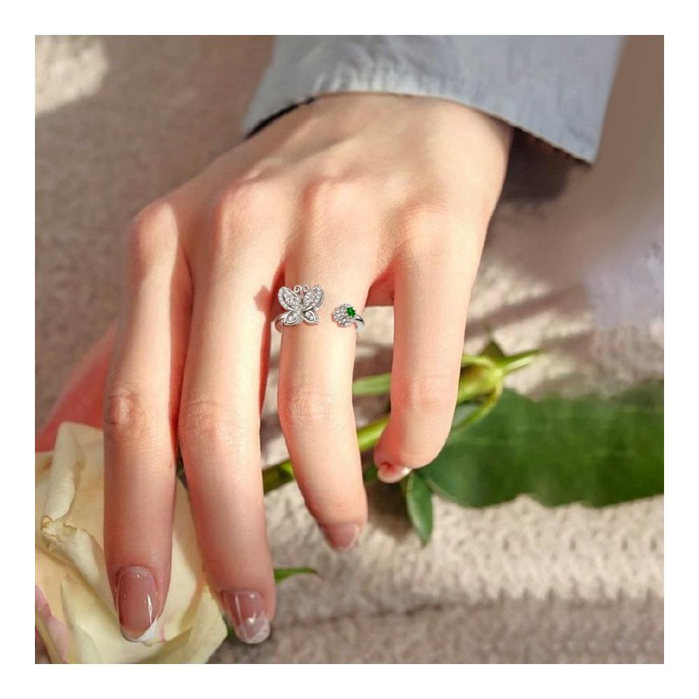 925 Sterling Silber Schmetterling Spinner Ring - Damen Angst & Fidget CZ Band - Verstellbarer Anti-Stress Ring mit Geschenkbox