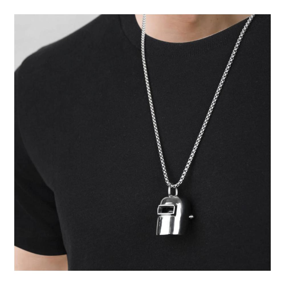 HipHop Edelstahl Halskette Set mit Schweißhelm-Anhänger - Glänzender Schmuck für Männer und Frauen (Silber