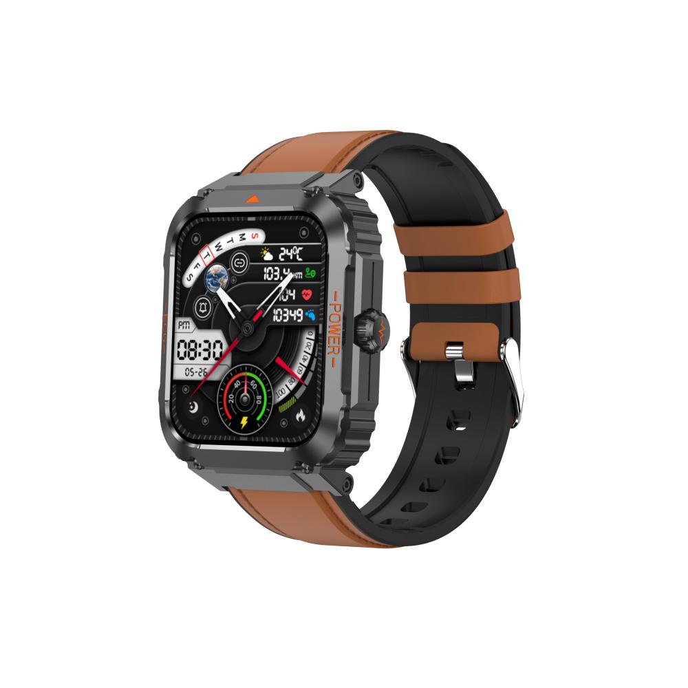 ET550 Smart-Armbanduhr mit Blutzuckermessung EKG Bluetooth Anrufannahme Nachrichtenerinnerung Sportmodi - Smart-Fitnessuhr mit braunem Lederarmband