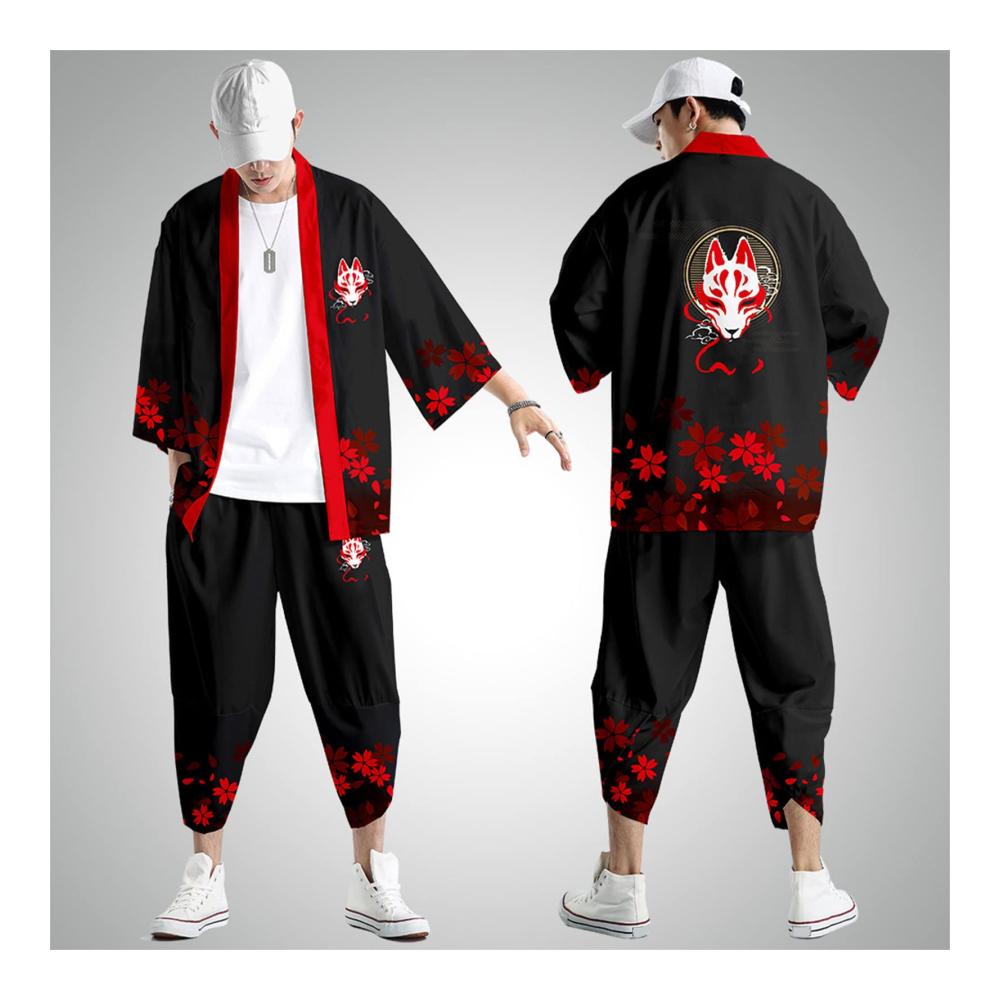 Bademäntel Kimono Set Herren - Sommerlicher Japanischer Stil Mehrfarbiger Druck Lockerer Cardigan mit 3/4-Ärmeln Bunte Nationalmuster Bademantel & Baggy Nachthemd Strandhemd T-Shirt Set