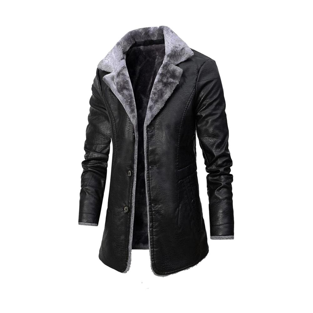 Herren Ledermantel Schwarz – Stilvoller Retro Wintermantel mit Langem Schnitt Kunstlederjacke und Pelzkragen