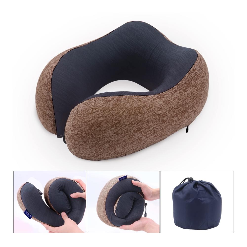 Braunes Memory Foam Reisekissen mit Aufbewahrung Augenmaske & Ohrstöpseln - Ideales Nackenkissen für Flugzeug Bus Bahn & Camping