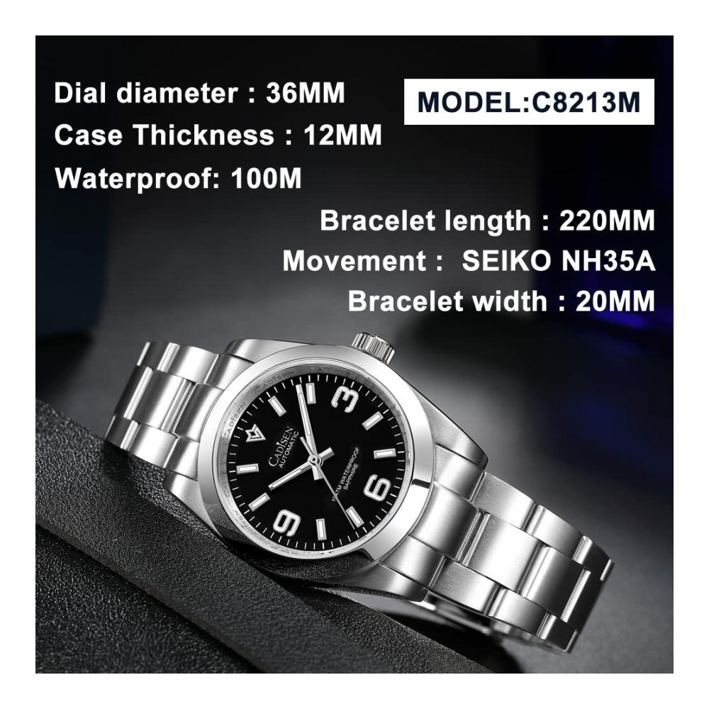 Automatikuhr für Herren Elegante 36MM mechanische Armbanduhr mit Saphirglas und Edelstahlarmband