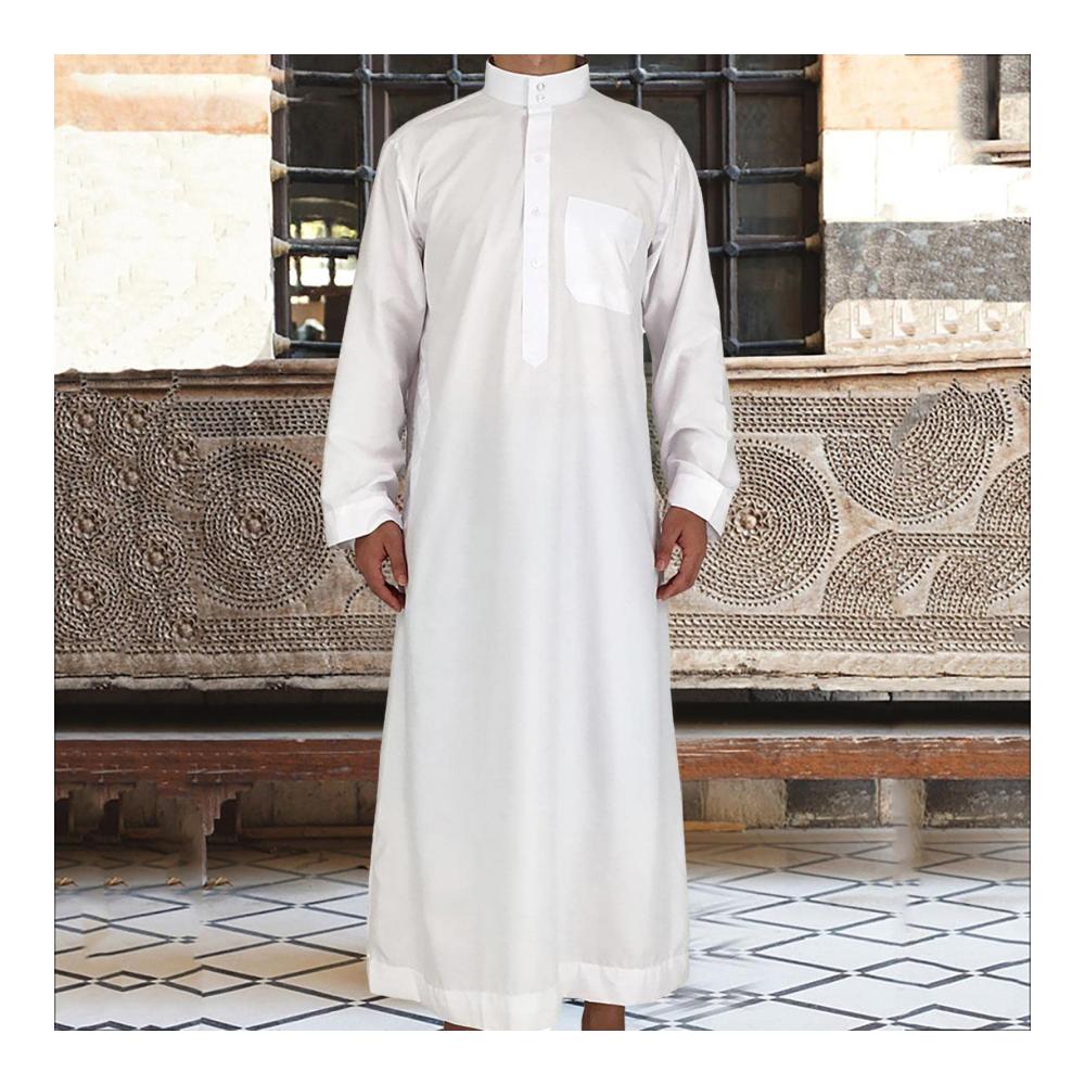 Herren Arabischer Langarm-Bademantel Weißer Kaftan Thobe mit Crew Stehkragen für Strand & Sommer