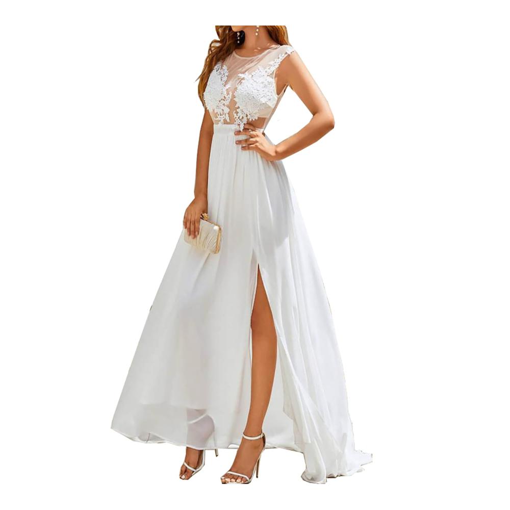 Exquisite Weiße Brautkleider Chiffon-Spitze Schlitz-Design Perfekte Brautjungfernkleider und Abschlussballkleider mit Langer Schleppe für die anspruchsvolle Braut