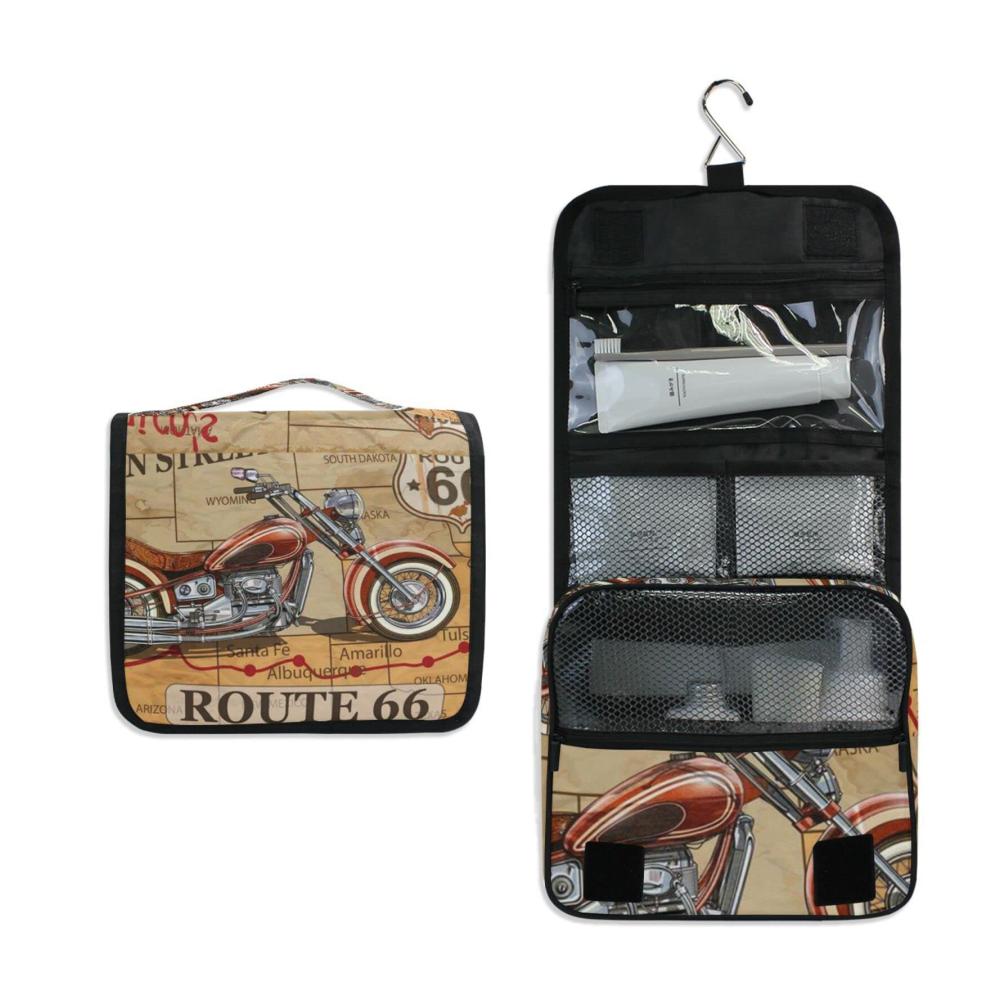 Kulturtasche Mops Praktischer Reise-Kulturbeutel für Damen und Herren – Hängende Kosmetiktasche Make-up-Aufbewahrungstasche im Route Motorrad Design – 9L X 4W X 18.5H cm ideal für unterwegs