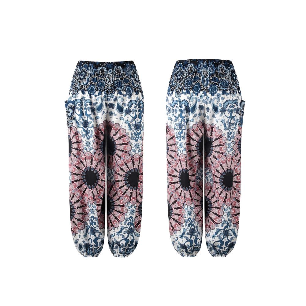 Boho Yogahose Damen Luftige Sommerhose mit Weitem Bein Geraffter Taille & Taschen - Leichte Strand- und Freizeithose für Eltern & Kinder