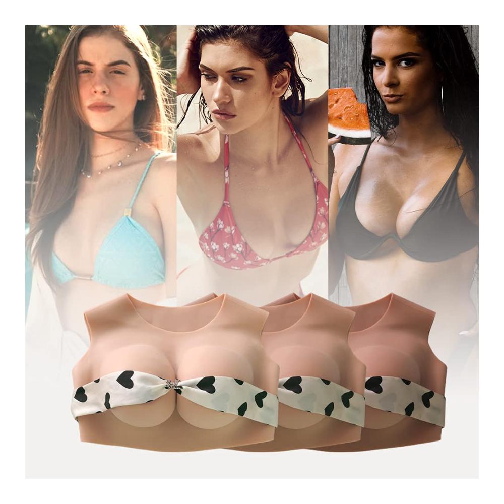Erste Generation Silikon-BH-Einlagen - Realistische Brustformen für Transgender Crossdresser - C Cup Seidenbaumwolle - Rundhalsausschnitt