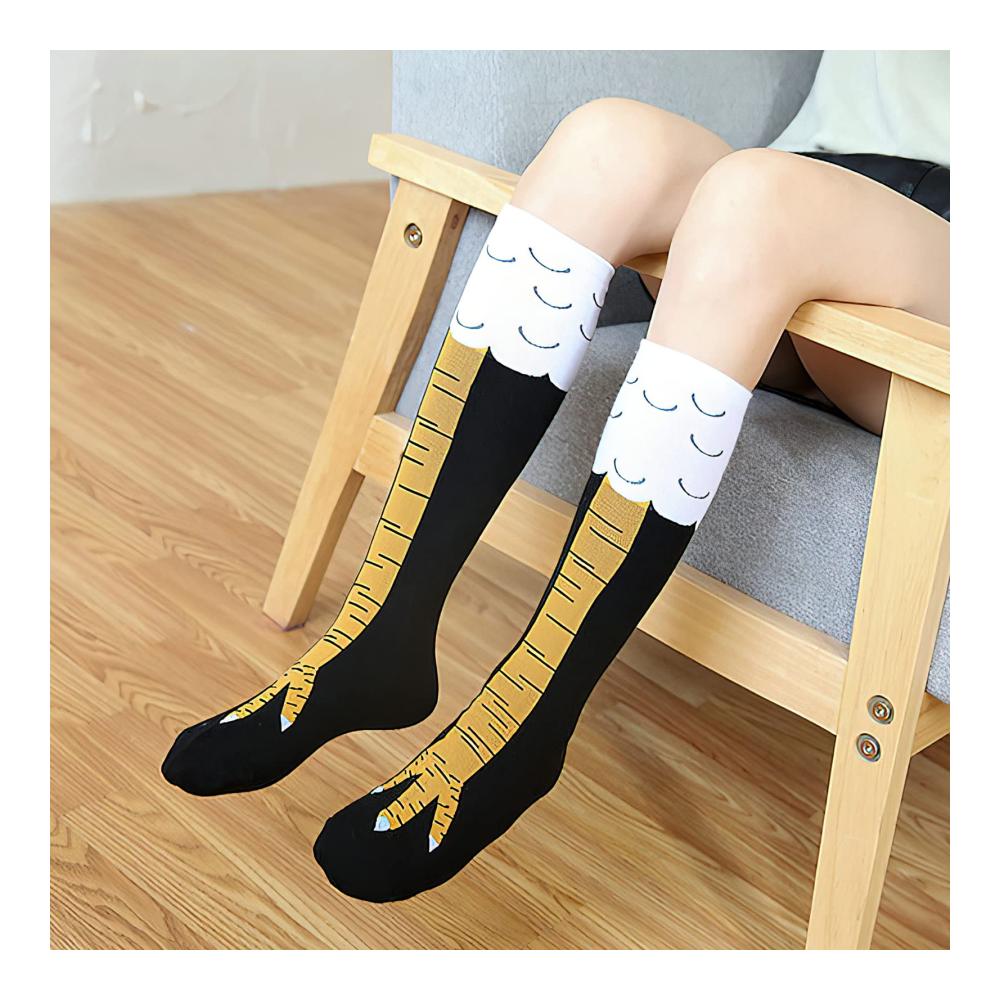 DAWRIS Damen Kniestrümpfe Lustige Hühnerfüße Cartoon-Socken (3 Paare) - Winterwarme Strickstrümpfe über dem Knie für Geschenke und Spaß