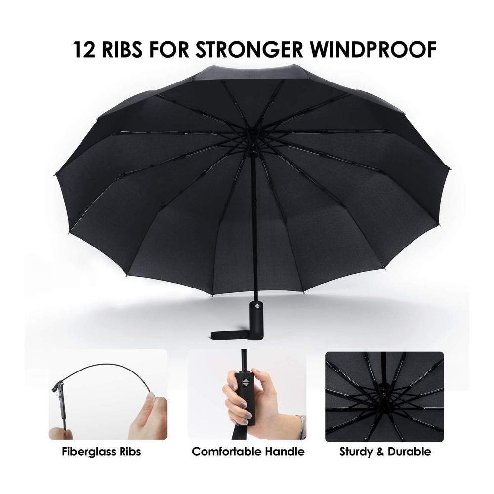 JIGUOOR Taschenschirm Schwarz – Winddichter Reise-Regenschirm mit 12 Ribs Automatikfunktion Kompakt und Groß Inklusive Ledertasche