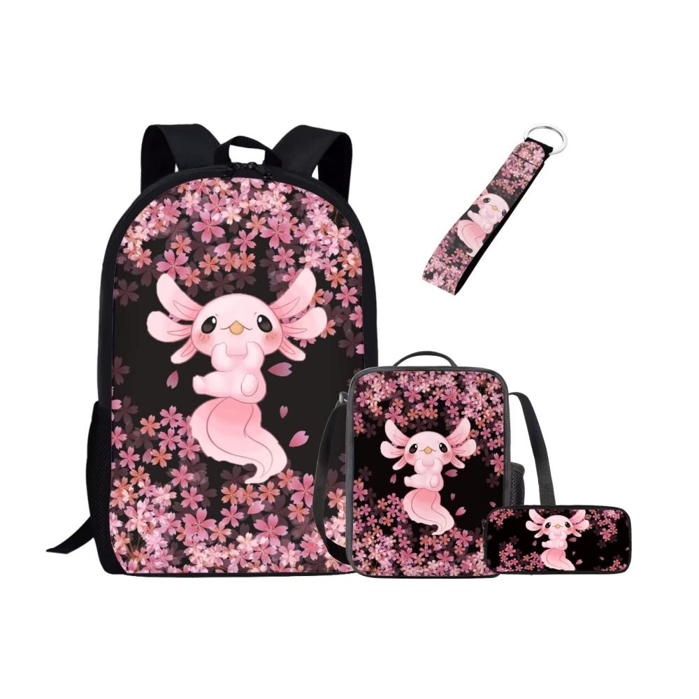 Kinder-Rucksack-Set mit Lunch-Tasche Federmäppchen Schlüsselanhänger - Axolotl Kirschblüte Design für die Schule