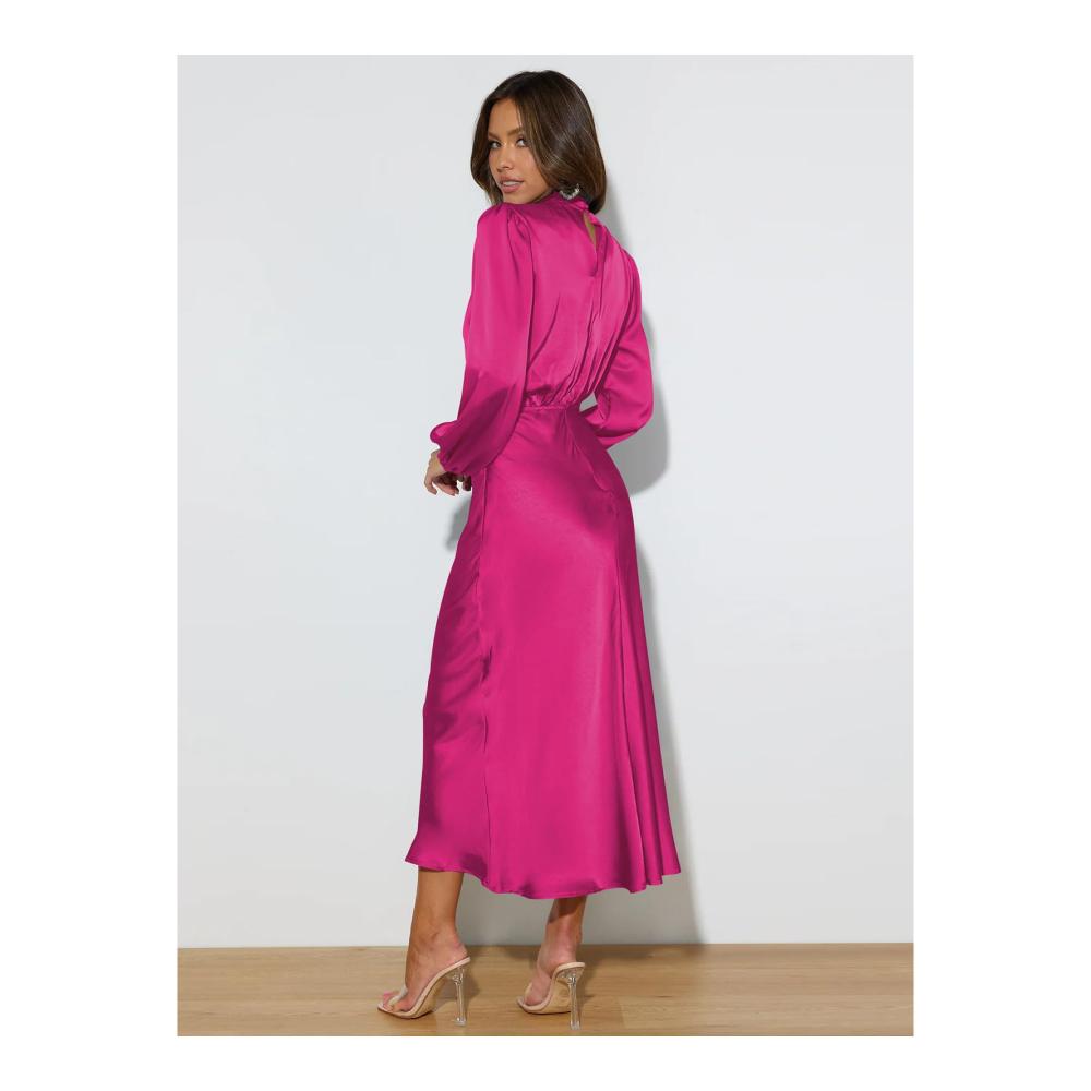 Cocktailkleid Damen Modisches Bankettkleid Hochzeitsgastkleid mit langen Ärmeln lockeres Satinkleid für Bankette und Abendveranstaltungen