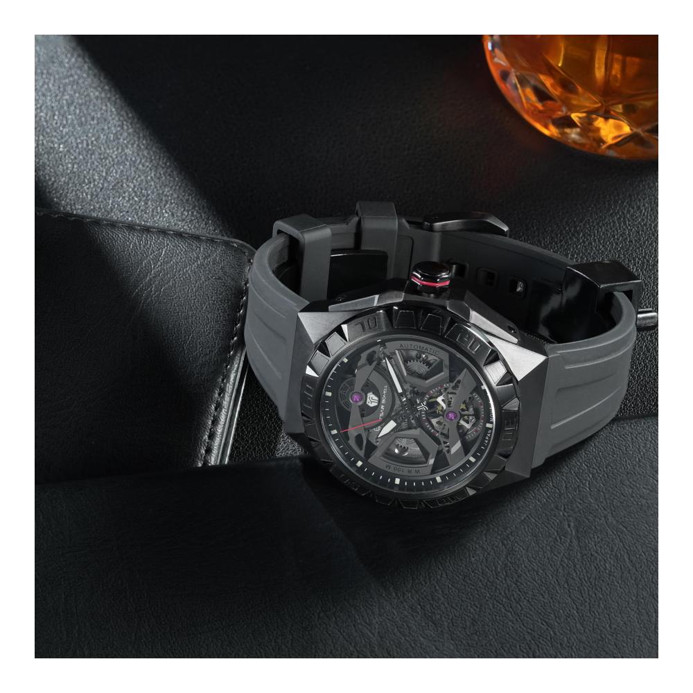 Automatik Armbanduhr für Herren – TSAR BOMBA Tonneau Skelettuhr 100M wasserdicht Fluorkautschuk Armband Edelstahl Saphirglas Mechanisch Schwarz Achteckig Männer Analoguhr