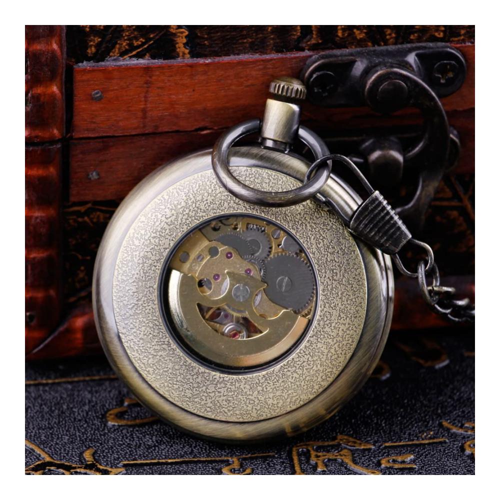 Bronzene Herren-Taschenuhr | Antik Mechanisch Skelett Römische Ziffern | Inklusive Kette und Box