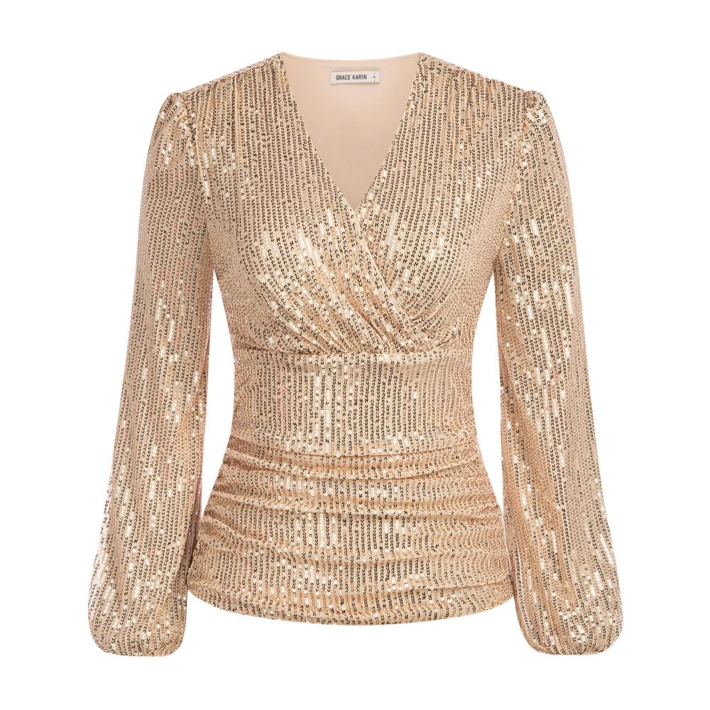Blusen & Tuniken Damen V-Ausschnitt Wickelbluse in Grace Karin Stil - Elegante Laterne Langarm Bluse mit Slim Fit und Plissee-Top Tunika Design