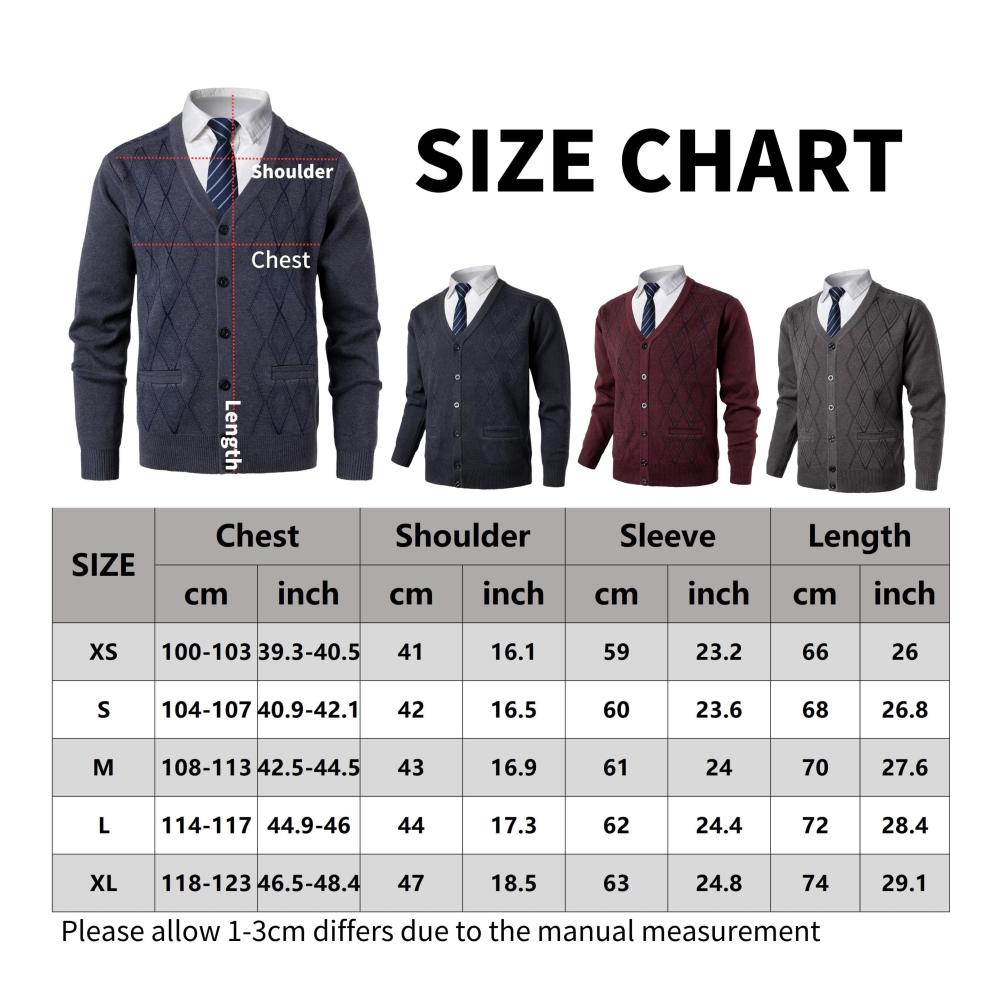 Herren Strickjacke Herbst Winter - Klassisch Warme V-Feinstrick Cardigan mit Taschen & Knöpfen