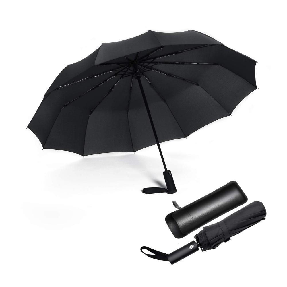 JIGUOOR Taschenschirm Schwarz – Winddichter Reise-Regenschirm mit 12 Ribs Automatikfunktion Kompakt und Groß Inklusive Ledertasche