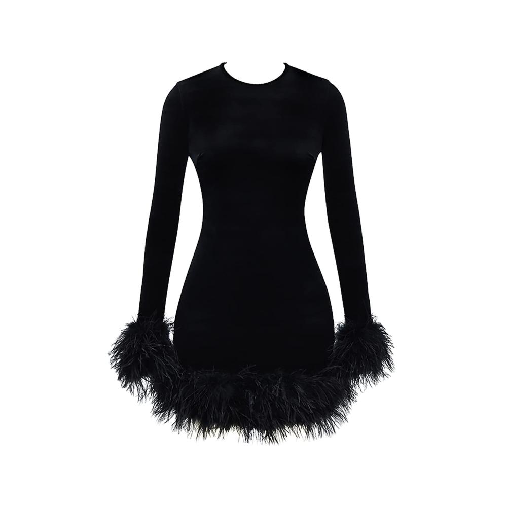 Winter Party Damenkleid mit Samt Federn und Langarm | Sexy Clubwear Minikleid Y2K Style | Patchwork Bodycon Abendkleid kurz