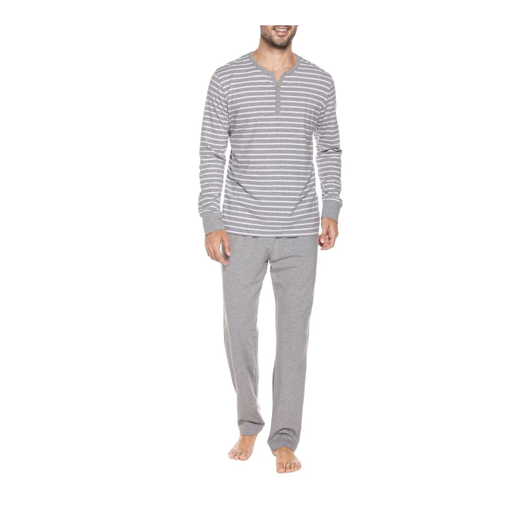 Winovia Herren Langarm Pyjama Set - Bequemer Baumwoll-Schlafanzug mit Knopfleiste V-Ausschnitt und Streifen-Design für Winter-Nachtwäsche