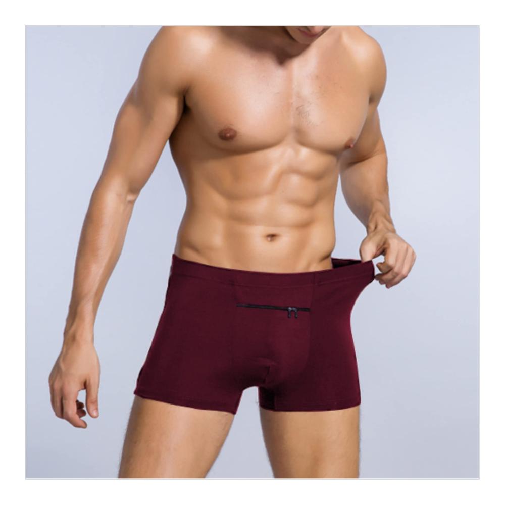 Pickpocket-Proof Boxer Briefs 2-Pack Mens Burgundy Underwear with Secret Hidden Pocket for Travel Security