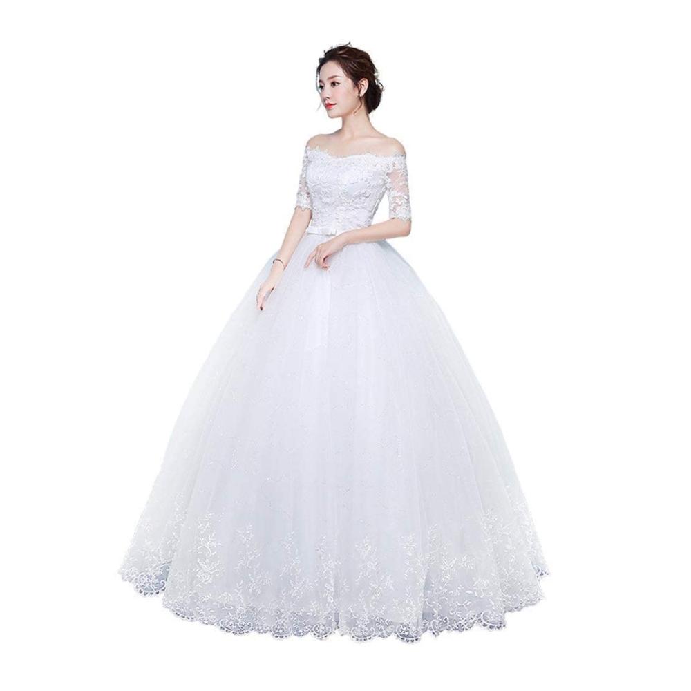 Brautkleid Weiß 4XL | Schulterfrei Spitzenapplikationen | Vintage Ballkleid Bodenlang | Damen Hochzeitskleid Croset Tüll | Elegantes Happy Life Design
