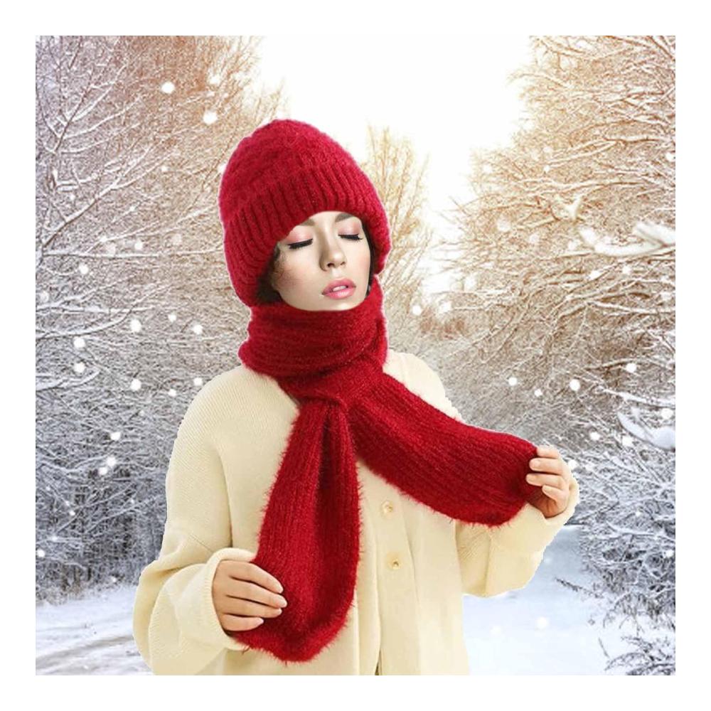 Winter Warm Knitting Set with Integrated Ear Protection - Windproof Cap Scarf & Gloves for Women