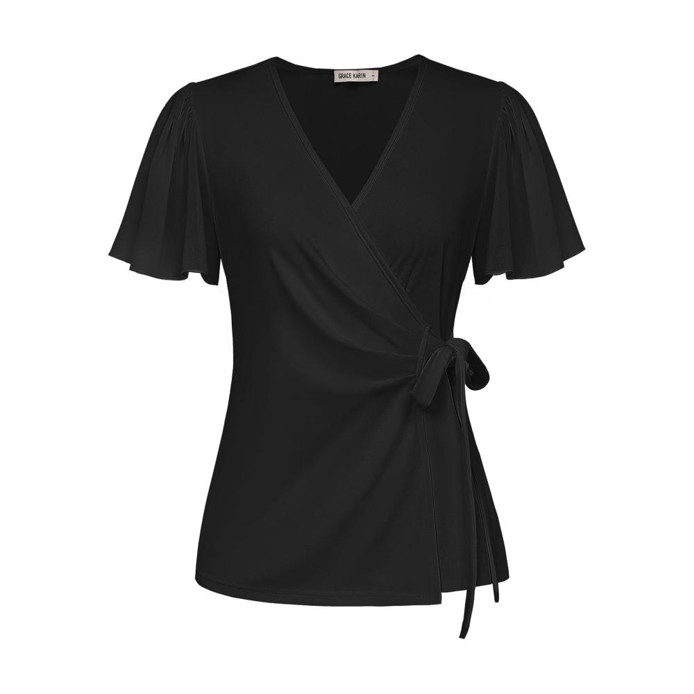 Blusen & Tuniken GRACE KARIN Damen Wickelbluse - Elegante V-Ausschnitt Tunika aus Fließendem Chiffon mit Kurzarm Loose Fit Sommer Top für Freizeit und Basic Looks