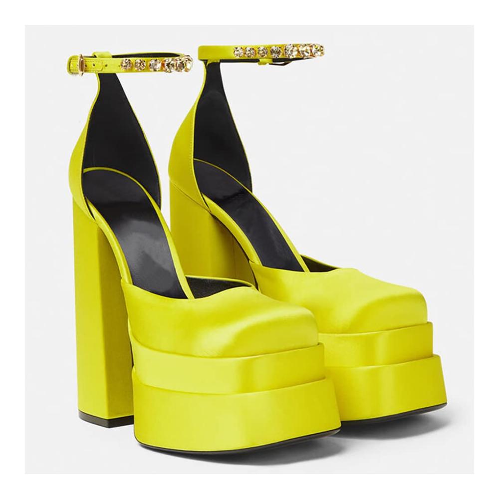 Plateau Chunky Blockabsatz Silk Satin Square Toe Ankle Strap Wedge Pumps – Yellow Size 43