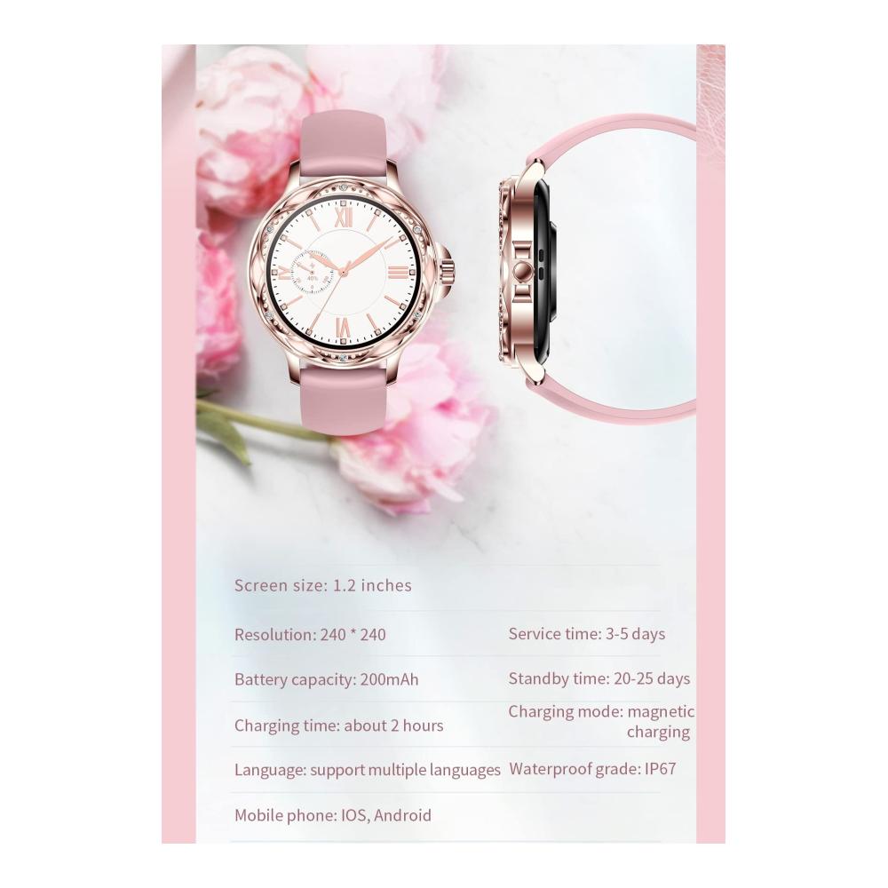 Smartwatch Damen 1.2 Zoll HD Rund - Wasserdicht Bluetooth Anruf Fitness Tracker - iOS Android - Fashion Damenuhr mit Whatsapp Funktion (Schwarz