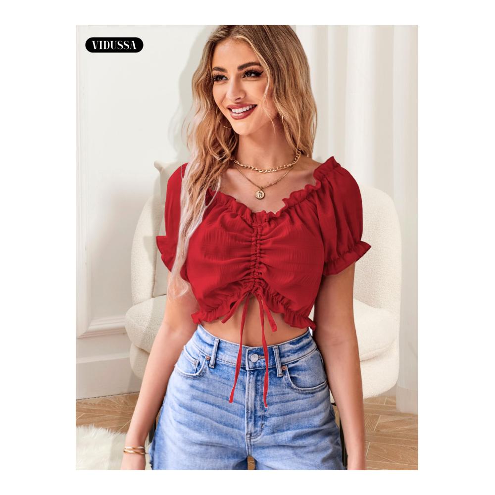 Blusen & Tuniken VIDUSSA Damen Sexy Schulterfreies Crop Top mit Puffärmeln V-Ausschnitt und verkürztem Schnitt - Stilvolle Damenbluse