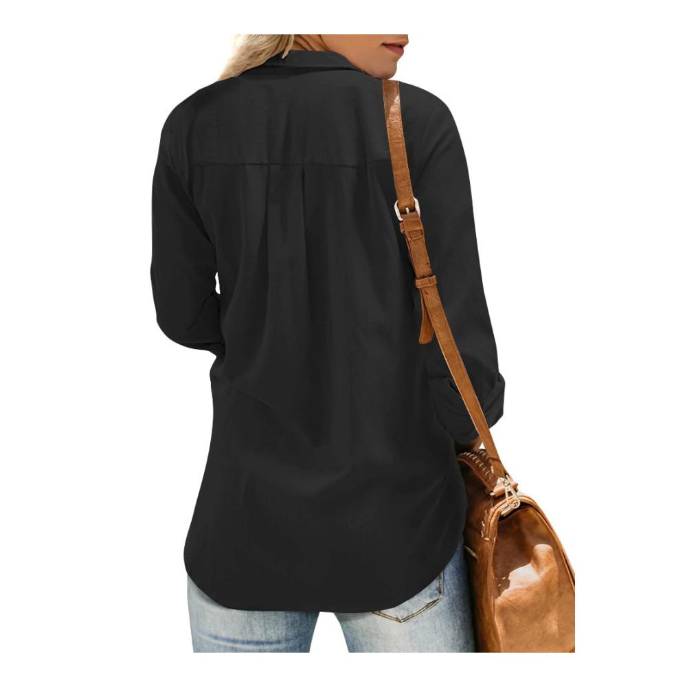 Leinenhemd Damen Elegante Langarm Bluse mit Knopfleiste Revers und Brusttasche - Leinenbluse & Tunika aus Baumwolle in trendiger Einfarbig Optik