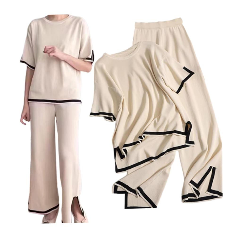Damen Lounge-Set Strick Trainingsanzug mit Pullover hoher Taille und weitem Bein - 2-teiliges Retro-Ensemble