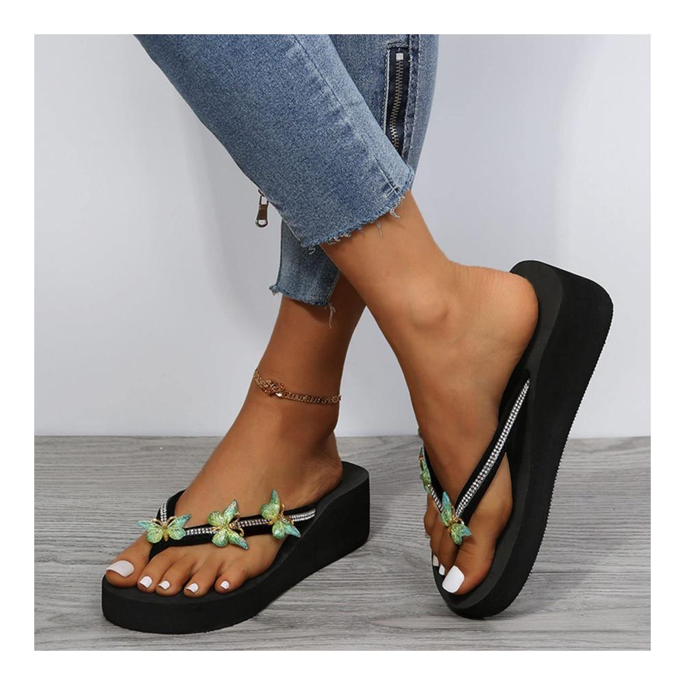 Schmetterlings-Strass-Flip-Flops für Damen mit Keilabsatz - Bequeme Zehentrenner und dicke Strandsohle