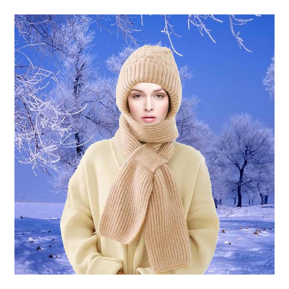 Winter Warm Knitting Set with Integrated Ear Protection - Windproof Cap Scarf & Gloves for Women