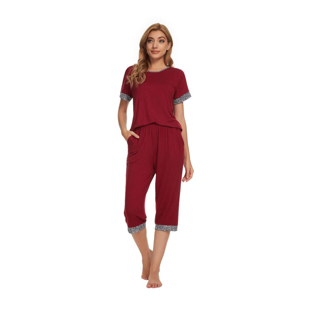 Damen Schlafanzug Kurzarm | Unifizz Nachtwäsche Set in Größe 38 | Bequeme Loungewear mit Spitzenmuster | Weinroter Pyjama für Frauen