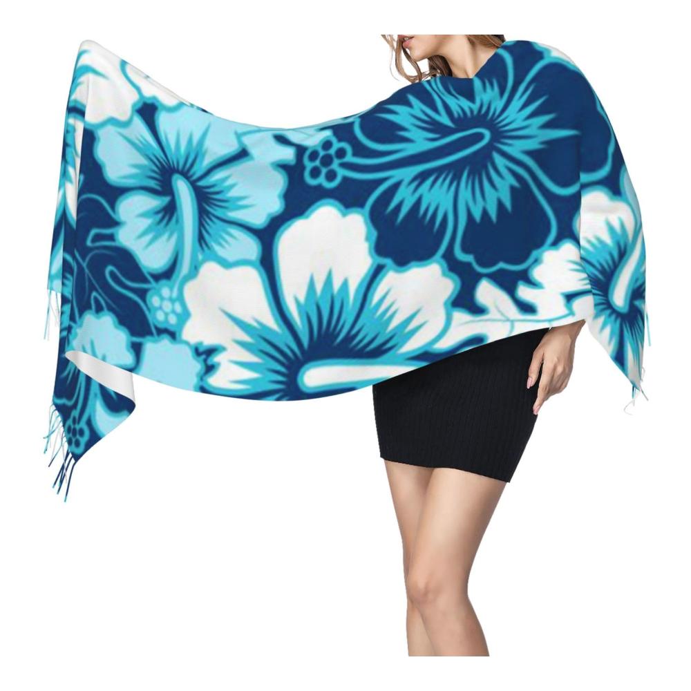 Hawaii Blumendruck Fransen Schal – Damen Winter Schal mit Quasten Super Weich Schwarz Einheitsgröße