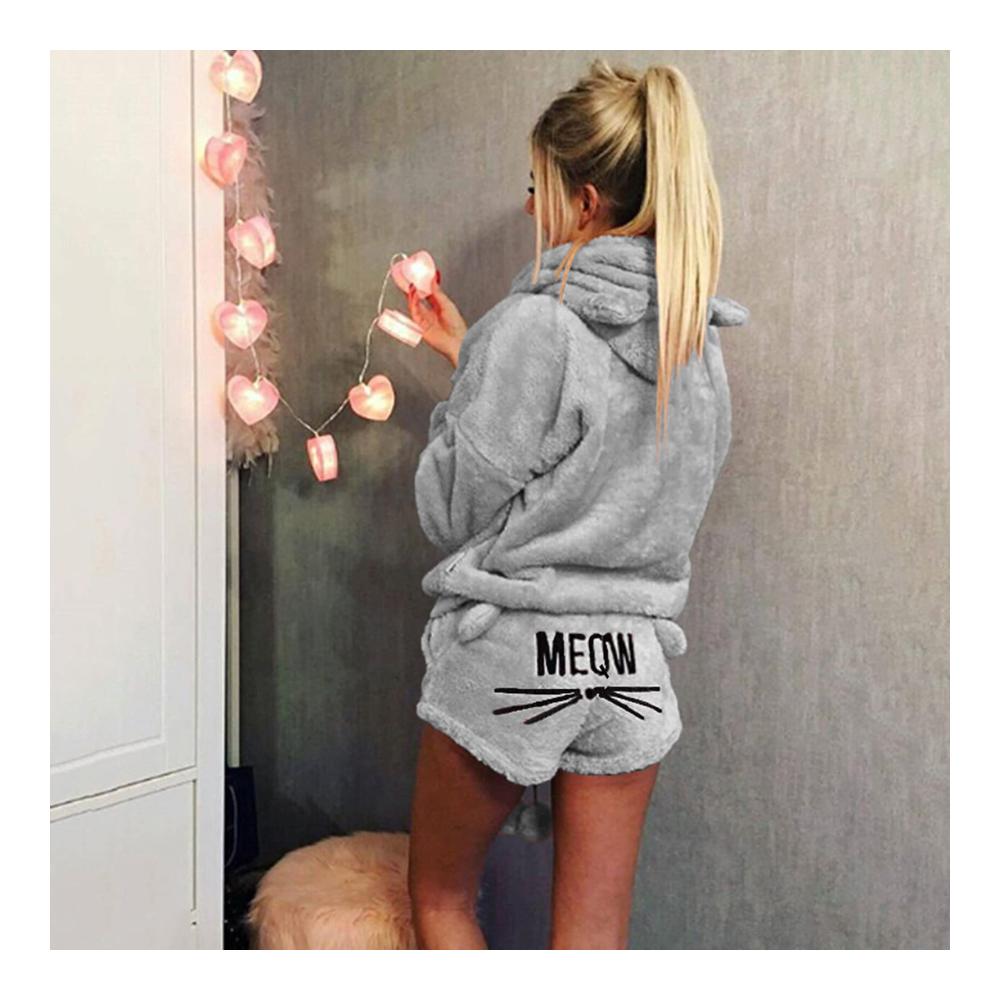Damen Schlafanzug Set mit Katzen-Stickerei | 2-teilig Winter Nachtwäsche | Niedlicher Mädchen Pyjama mit Kapuze Katzenohren Fleece | Langarm-Bademantel & Shorts Trainingsanzug