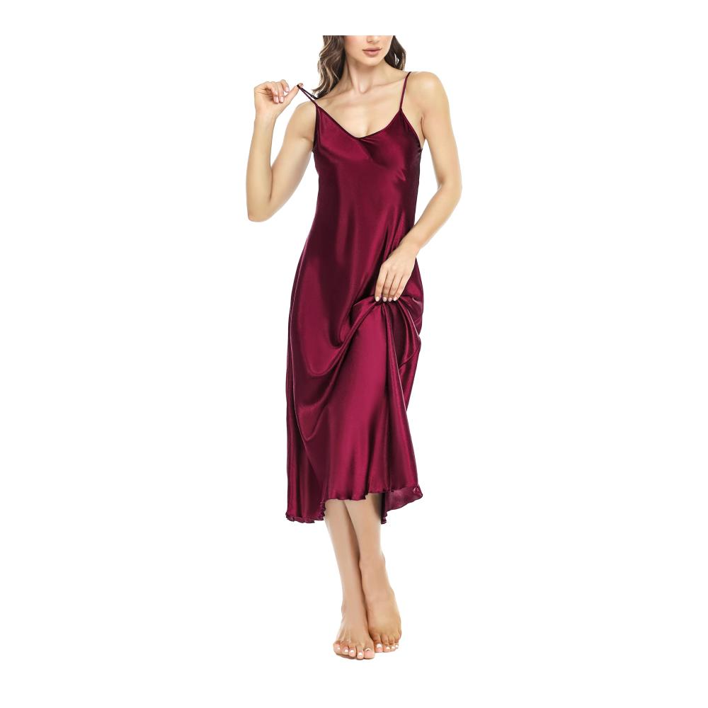Sexy Satin Damen Nachthemd Lang mit Spaghettiträger V-Ausschnitt - Lovasy Negligee für Frauen