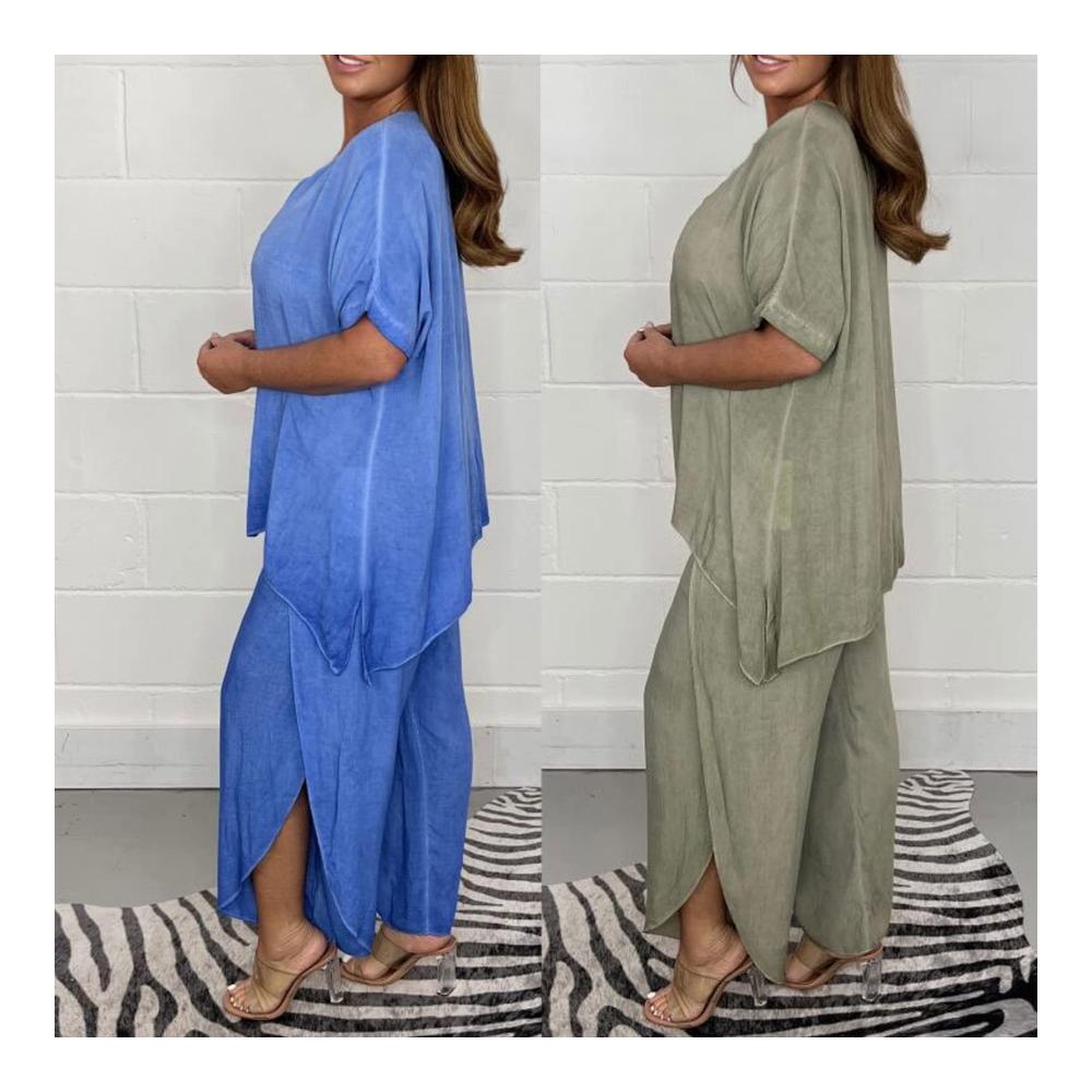 Elegante Damen Sommer Jumpsuits 2-teiliges Kurzarm-Hosenset mit Weitem Bein Elastischem Bund und Rundhalsausschnitt