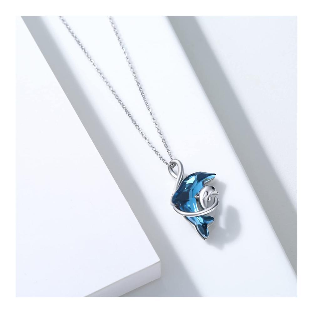 925 Sterling Silber Delphin Kette mit Blauem Kristallanhänger – Eleganter Delphinschmuck für Damen Weihnachtsgeschenk
