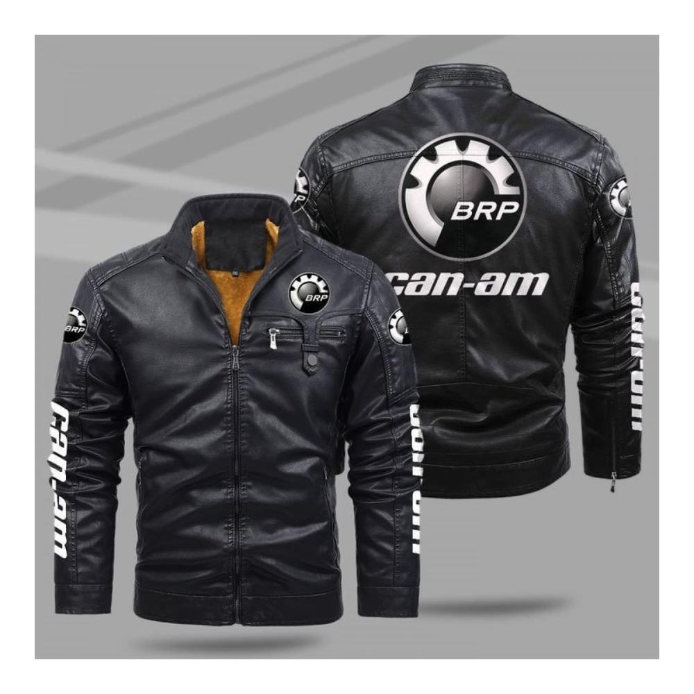 Can-am Druck Herren Sweatshirt Stilvolle Lederjacke mit Fleece-Futter Winddichter Mantel Motorrad Jacke mit Reißverschluss und Stehkragen - Schwarzes Winter Geschenk (Größe L