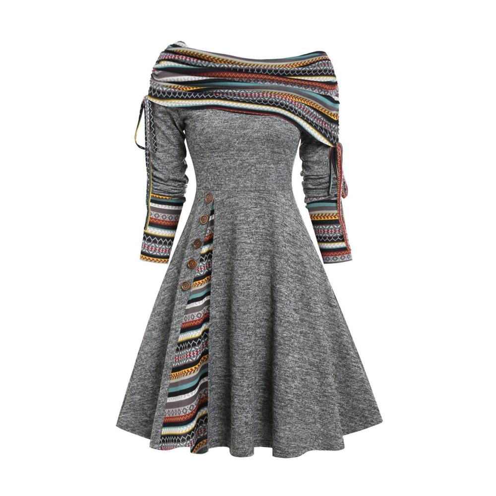 Weihnachtskleid Damen Schulterfreies Vintage A-Linie Kleid mit Druck Patchwork und fließendem Swing für Cocktail Party und Abschlussball - Lässiges Maxi Kleid