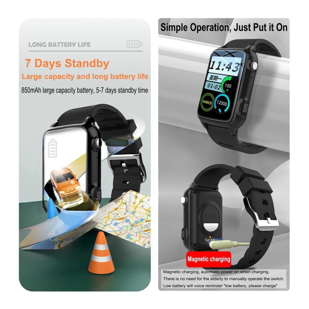 Fashion Smartwatch X&Z-XAOY 4G Telefonuhr | GPS-Armband SOS Sturzerkennung | Magnetisches Aufladen | Vibrationserinnerung | Ältere Menschen (Rot