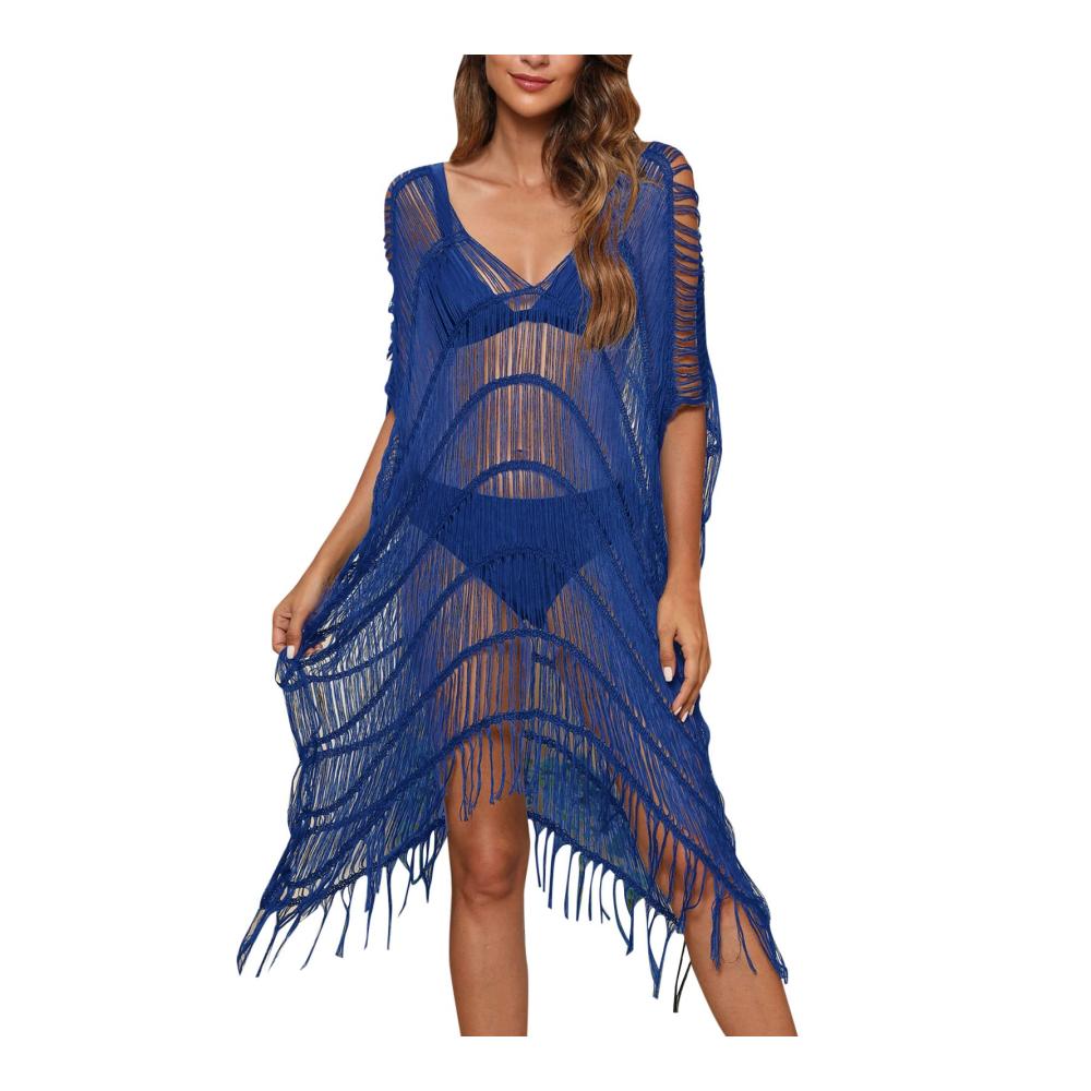 Damen Pareo Strandkleid mit Spitze - V-Ausschnitt Strandponcho für Bikini - Sommer Cover Up - Bademode Strand Vertuschen Kurzarm Shirt Badeanzug - Lässige Tunika in Boho Stil - Größe Beach Kleid