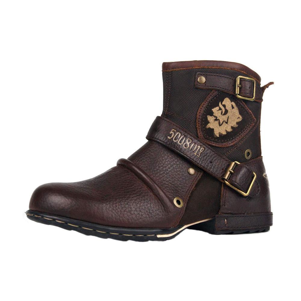Herren Leder Chukkastiefel Robuste Biker Boots mit Reißverschluss und Schnürung (Modell OS-5008-1-N-DE