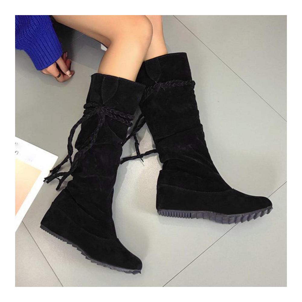 Damen Winterstiefel mit Fransen und Quaste | Mode Mid-Calf Booties mit flachem Absatz | Pull On Stiefel für Herbst und Winter | Versteckter Keilabsatz Stiefeletten